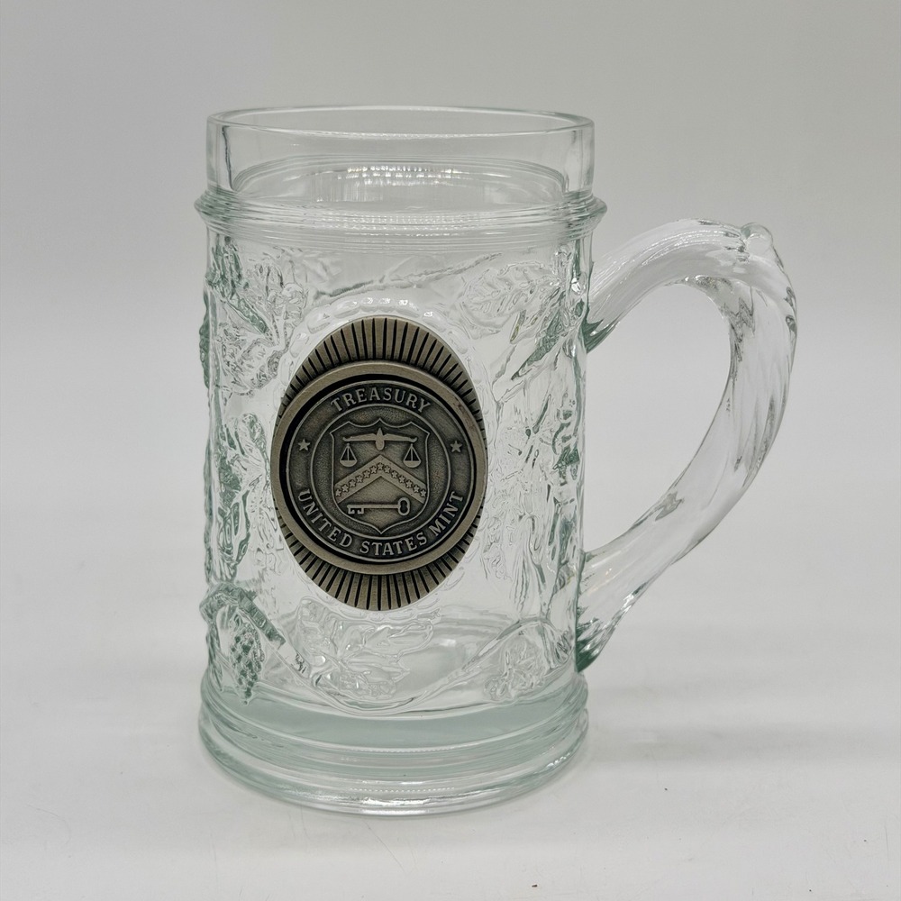 United States Mint Treasury Glass Beer Stein Embossed Grapevine Pewter Medallion